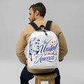 Man wearing white Trump MAGA backpack, The United States of America Trump print