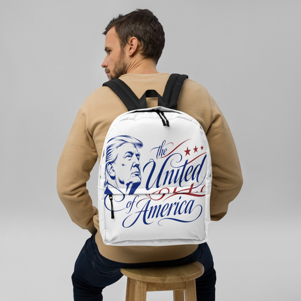Man wearing white Trump MAGA backpack, The United States of America Trump print