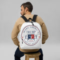 Man wearing white Trump 2026 Make America Great Again backpack with seal logo, back view