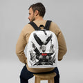 Man wearing white Trump backpack with MAGA eagle, Trump and Statue of Liberty print