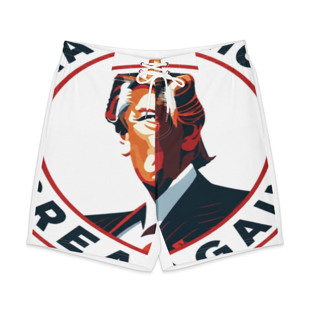 White America men's board shorts with Trump all-over print, front view