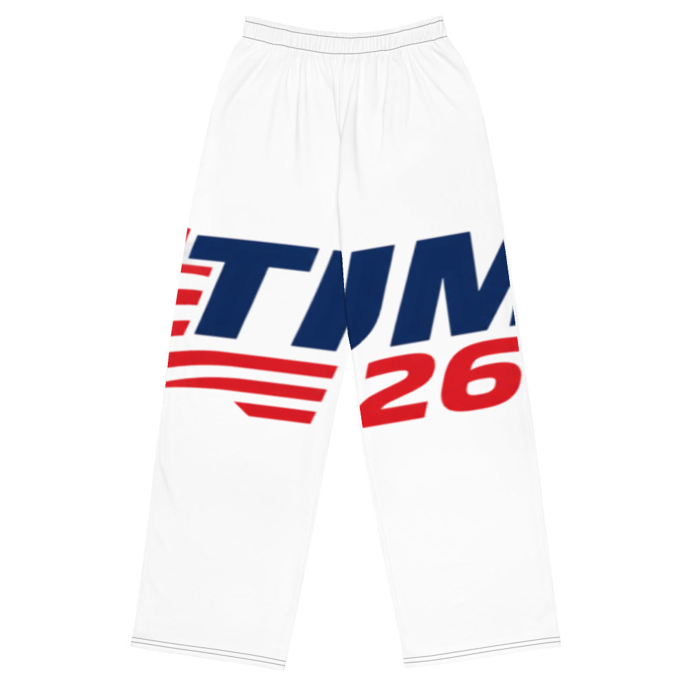 Trump 2026 white wide-leg pants with large red and navy Trump 26 print, flat front view
