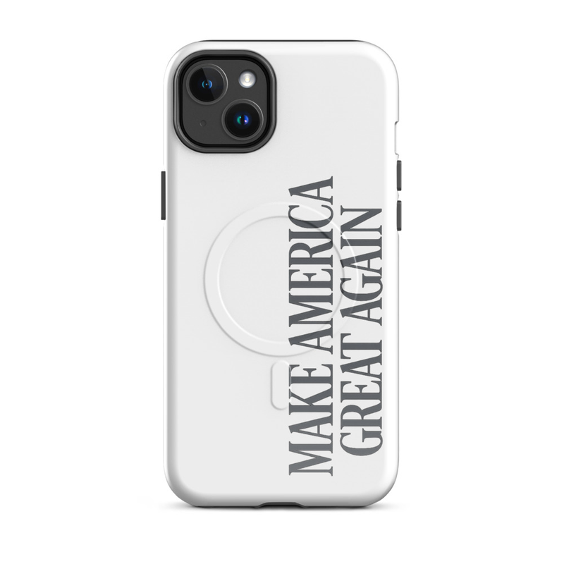 White Make America Great Again MagSafe tough iPhone case with gray vertical text, dual diagonal camera cutout