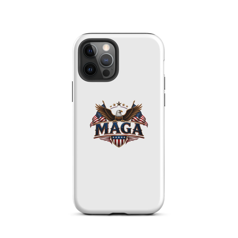 White MAGA eagle tough case for iPhone, triple camera cutout