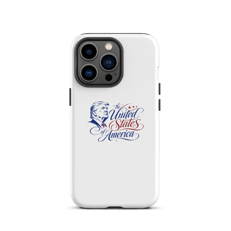 White tough iPhone case with Trump 'The United States of America' design, triple-camera cutout
