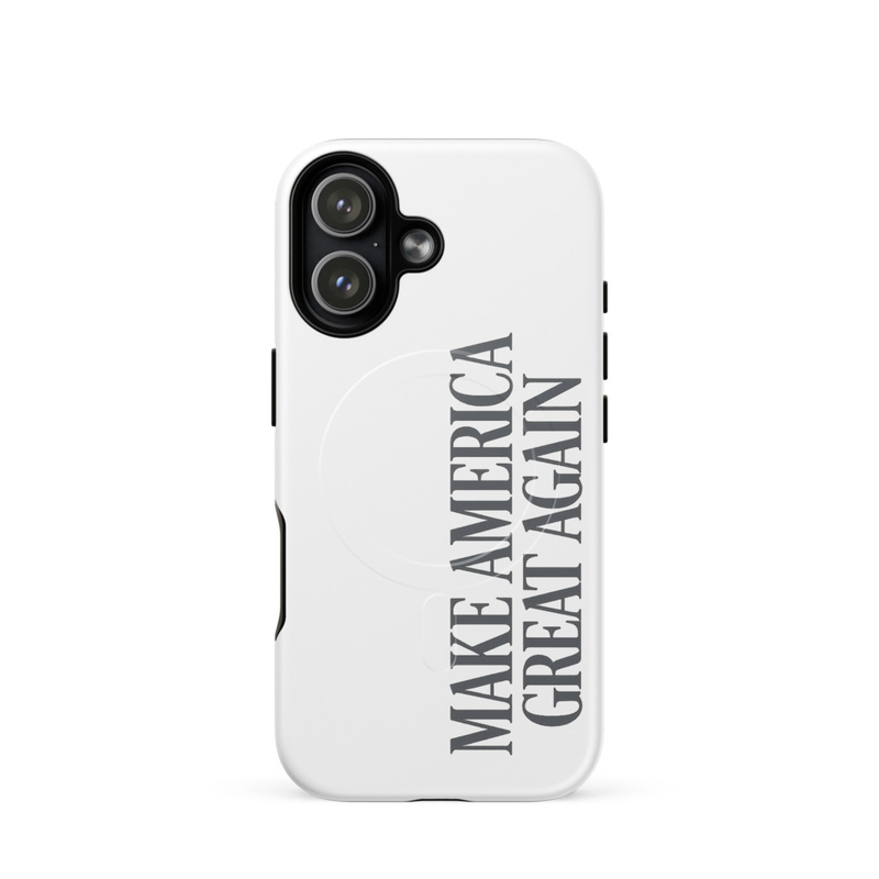 Make America Great Again white MagSafe tough iPhone case, gray text, vertical dual-camera cutout