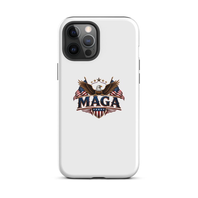 White MAGA eagle tough case for iPhone Pro, triple camera cutout