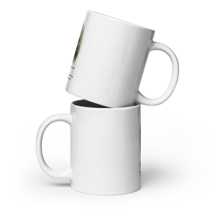 Two stacked white glossy mugs showing James Madison print, angled view