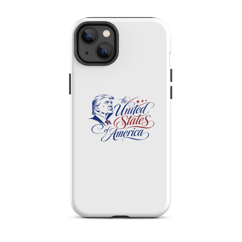 White tough iPhone case with Trump 'The United States of America' design, diagonal dual-camera cutout