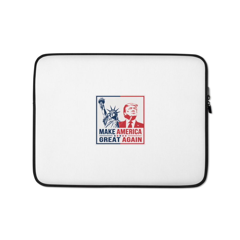 White TRUMP laptop sleeve with Make America Great Again Statue of Liberty and Trump design