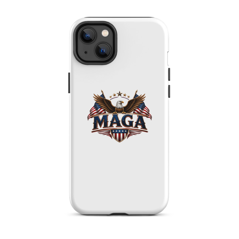 White MAGA eagle tough case for iPhone Plus, dual camera cutout