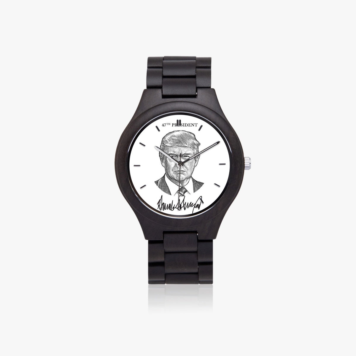 Victory Black Trump President 47 watch, front view, dark wood band with sketch portrait dial
