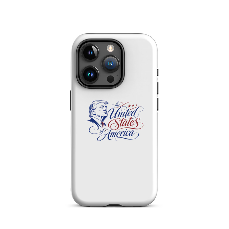 White tough iPhone case with Trump 'The United States of America' design, triple-camera cutout