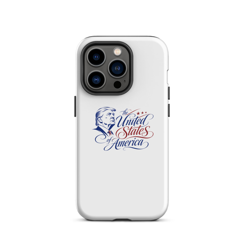 White tough iPhone case with Trump 'The United States of America' design, triple-camera cutout