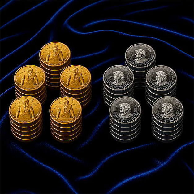 Multiple stacks of Certified Trump 2026 gold and silver bundle coins on blue velvet