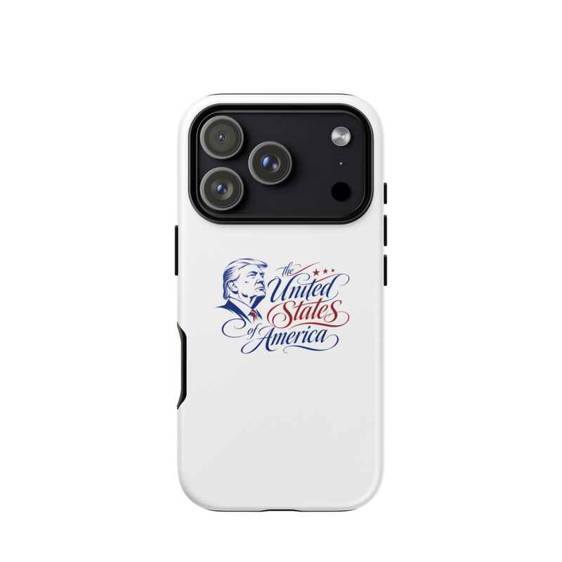 White tough iPhone case with Trump 'The United States of America' design, large triple-camera cutout