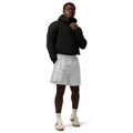 Man wearing gray unisex cotton long shorts with vertical Make America Great Again print