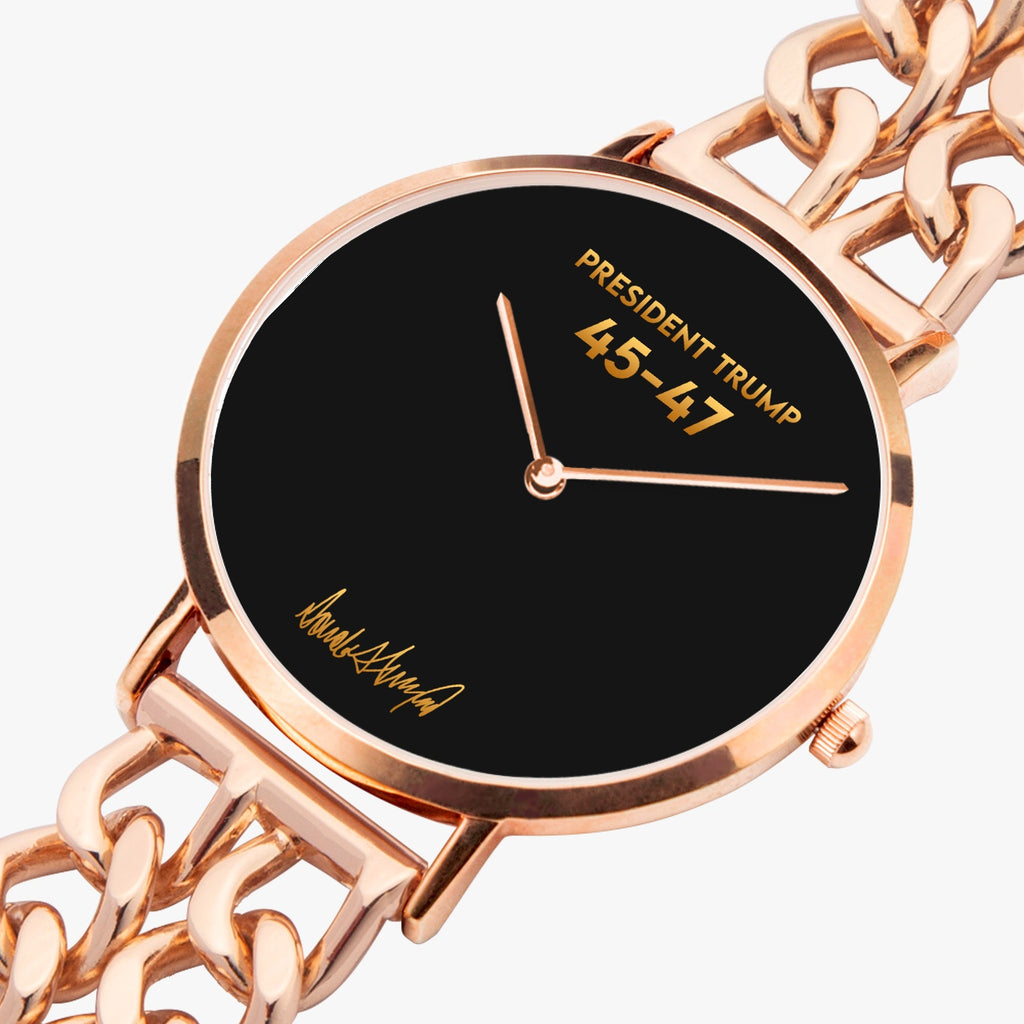 President Trump 45-47 watch with rose gold chain-link strap and black dial, angled view