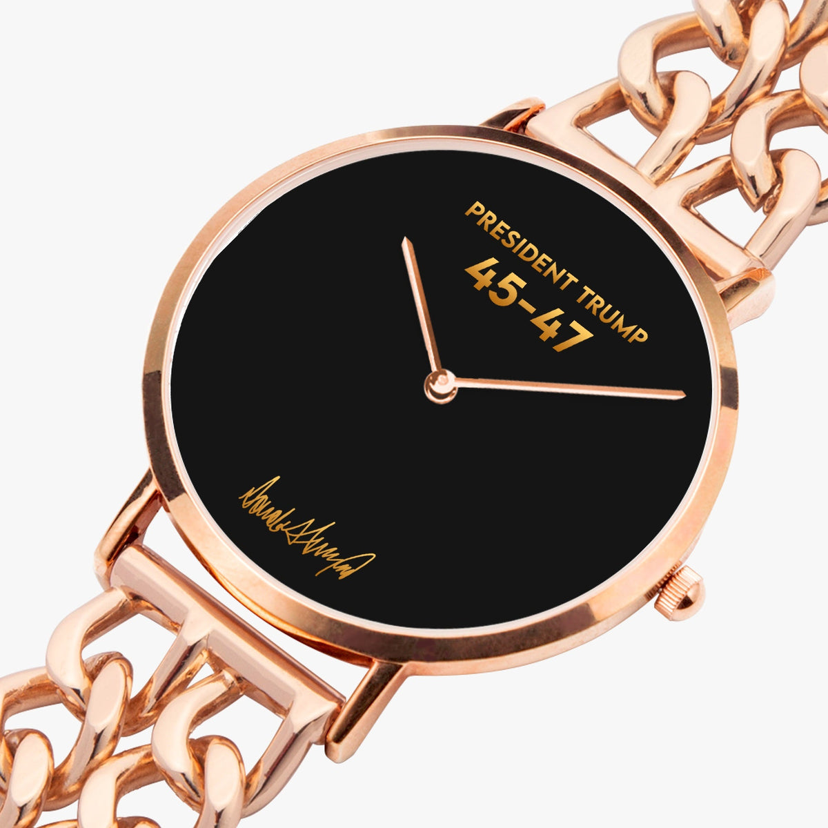 President Trump 45-47 watch with rose gold chain-link strap and black dial, angled view