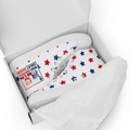 Men's high top canvas shoes in box, white with red and blue stars and Make America Great Again stamp
