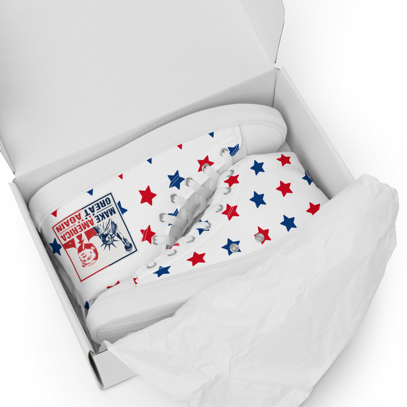 Men's high top canvas shoes in box, white with red and blue stars and Make America Great Again stamp
