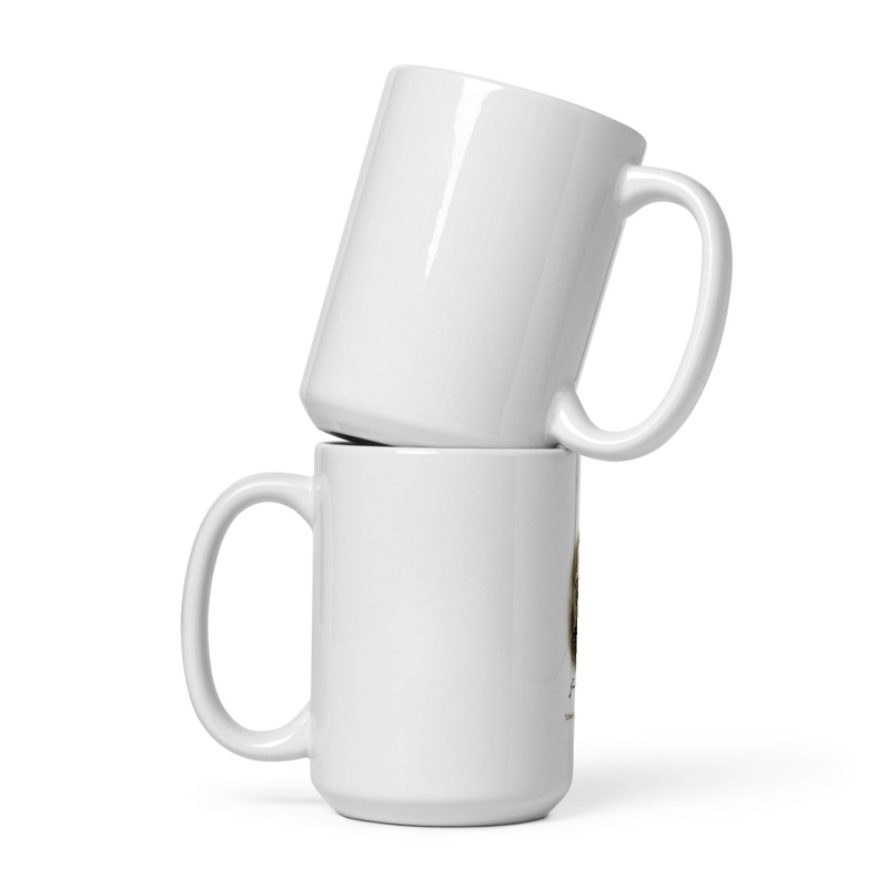Two stacked white glossy mugs, handles out, plain sides shown