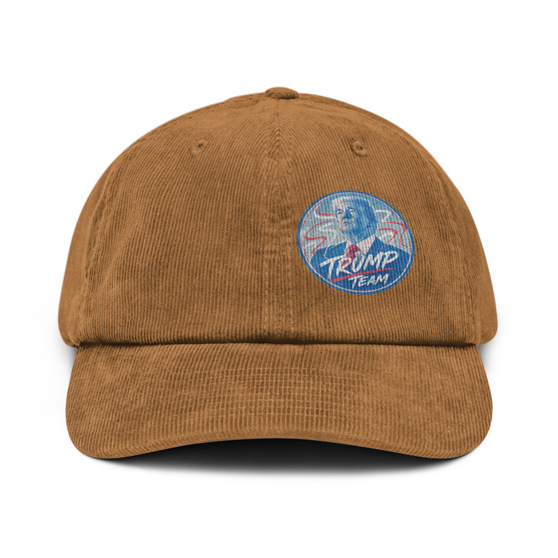 Camel brown corduroy Trump Team dad hat with embroidered Trump portrait patch