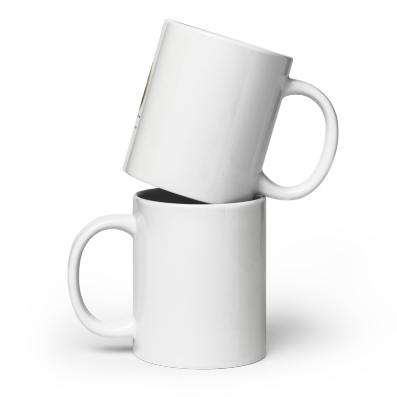 Two stacked white glossy mugs at an angle, plain sides facing out