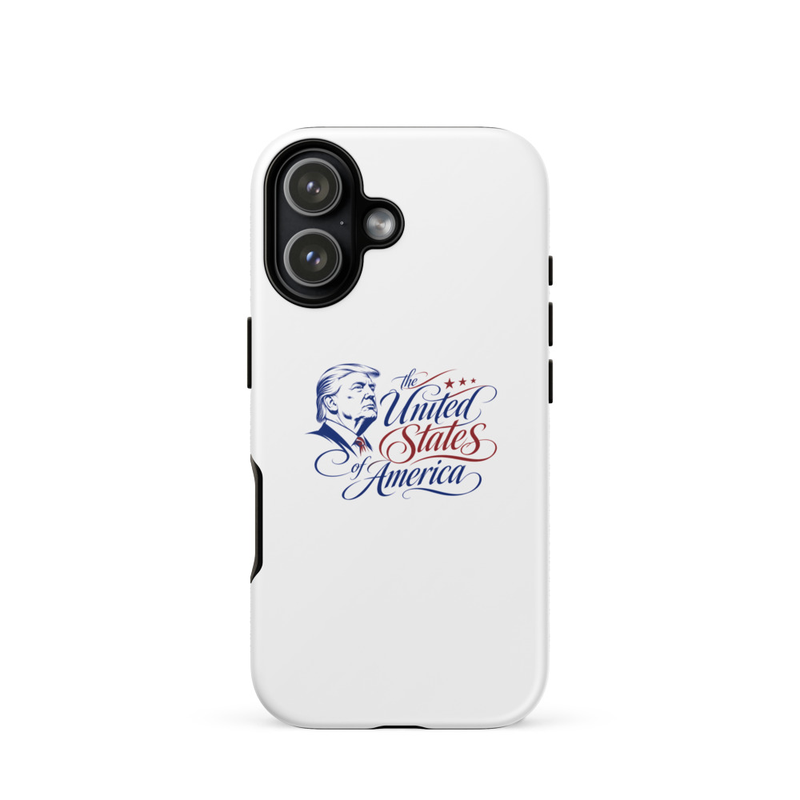 White tough iPhone case with Trump 'The United States of America' design, horizontal dual-camera cutout