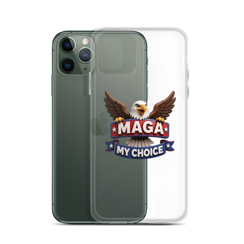 MAGA My Choice clear iPhone case with bald eagle design, shown on a midnight green iPhone