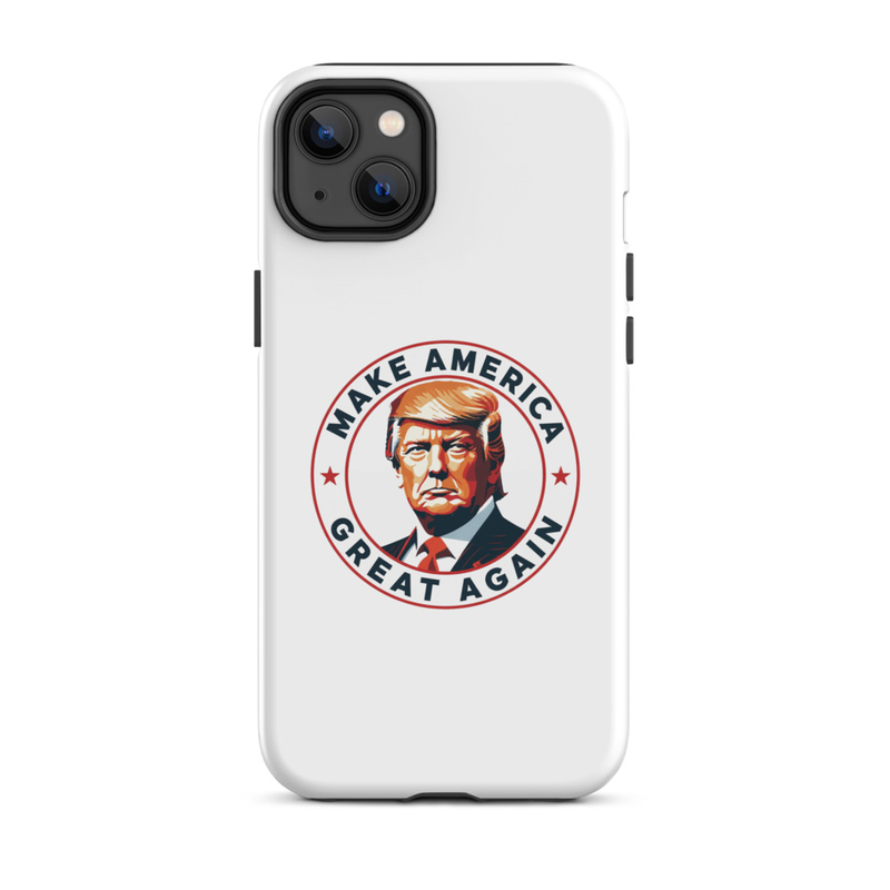 White America Tough iPhone case with Make America Great Again Trump circle emblem, dual-camera iPhone