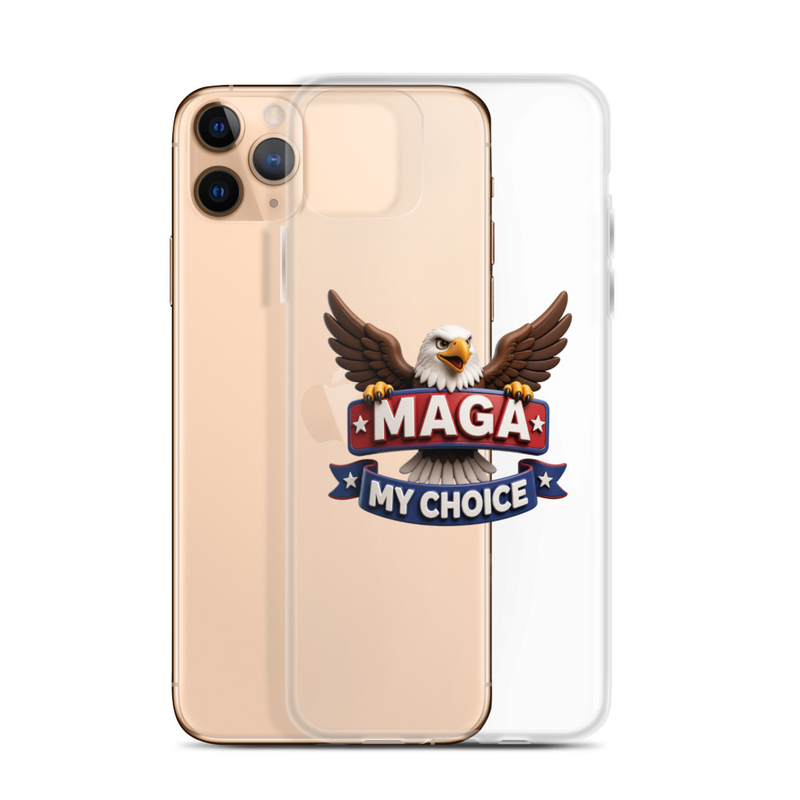 MAGA My Choice clear iPhone case with bald eagle design, shown on a gold iPhone