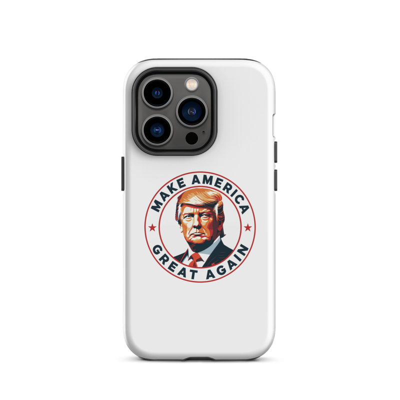 White MAGA Trump emblem America Tough Case for iPhone, triple-camera iPhone back view