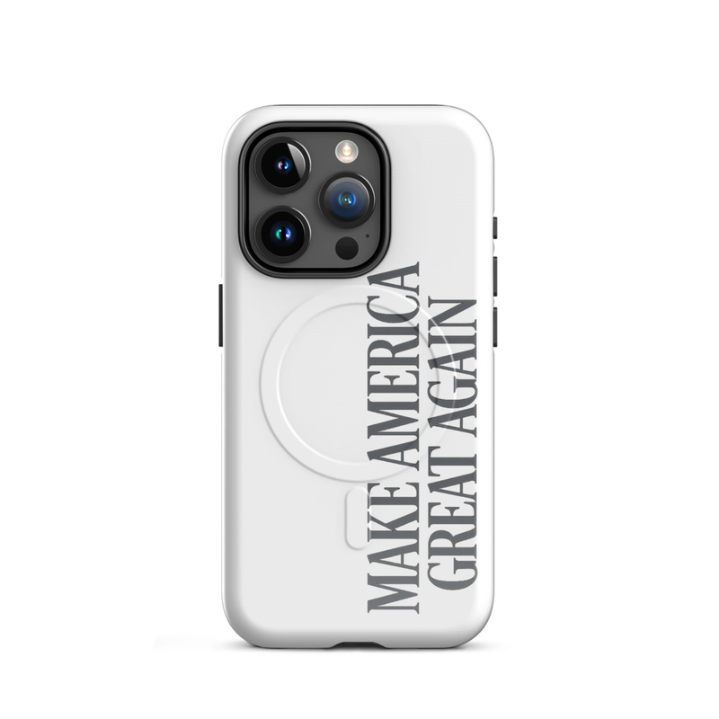 Make America Great Again white MagSafe tough iPhone Pro case, gray text, triple-camera cutout