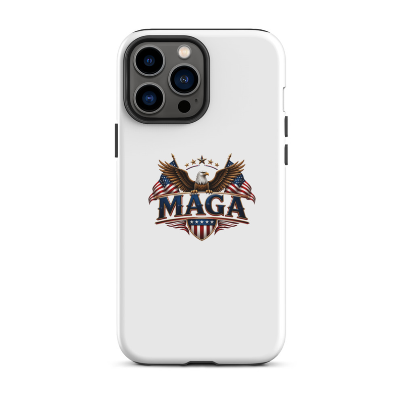 White MAGA eagle tough case for iPhone Pro Max, triple camera cutout