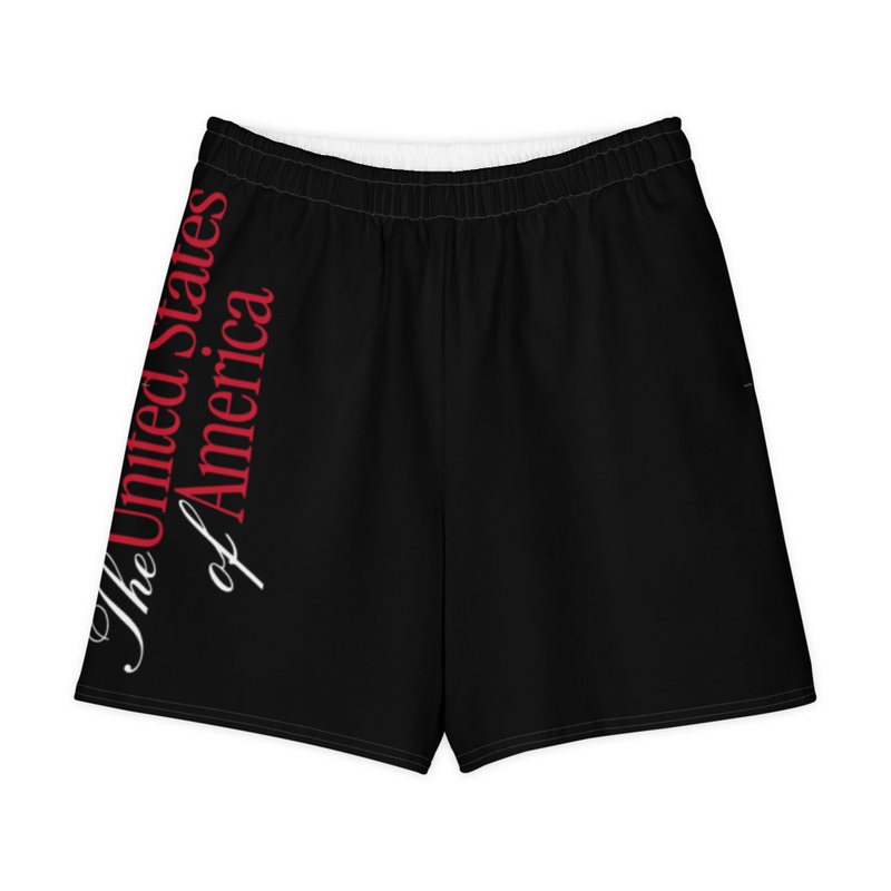 Black unisex cotton long shorts with United States of America script, front view