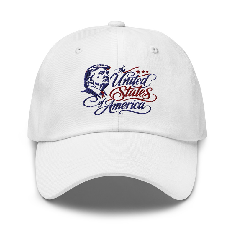 White Trump USA dad hat, embroidered The United States of America script and Trump