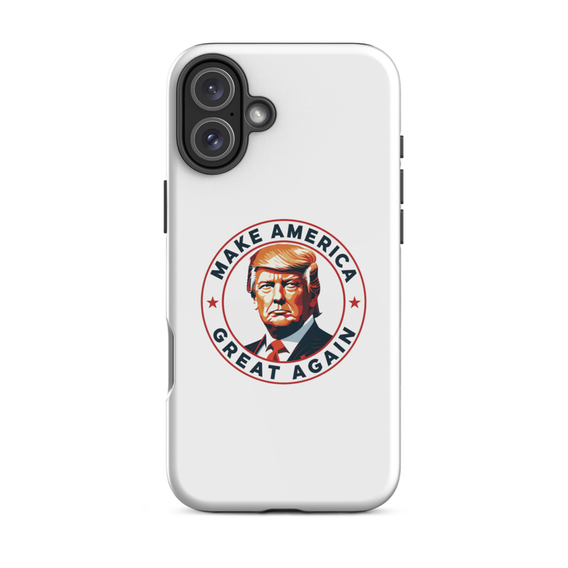 White America Tough iPhone case with Make America Great Again Trump circle emblem, dual-camera iPhone