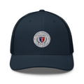 Navy Trump 2026 trucker cap with embroidered Make America Great Again Trump shield crest patch