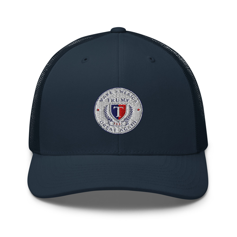 Navy Trump 2026 trucker cap with embroidered Make America Great Again Trump shield crest patch