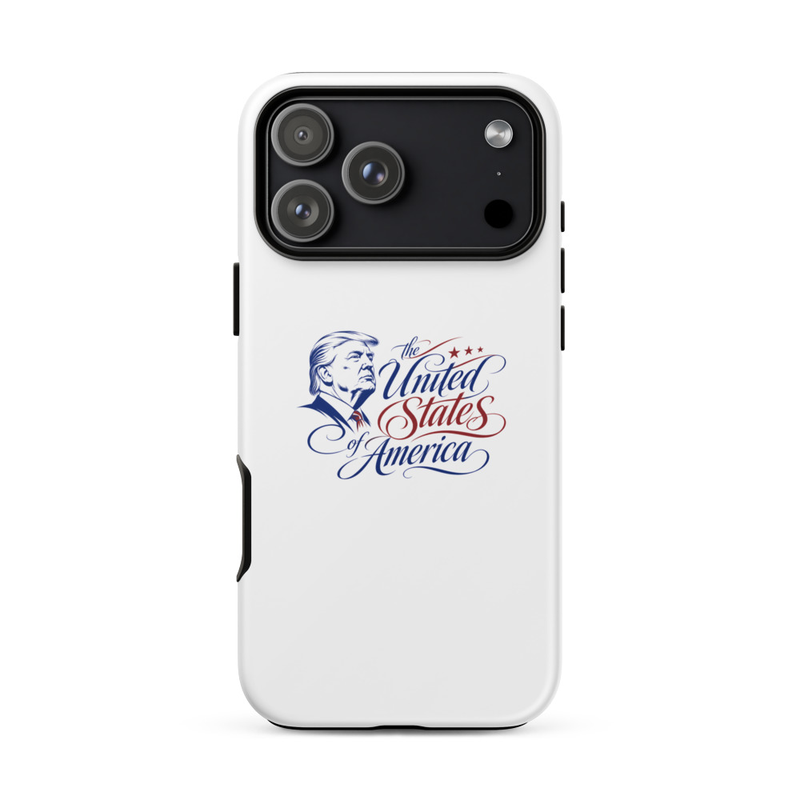 White tough iPhone case with Trump 'The United States of America' design, large triple-camera cutout