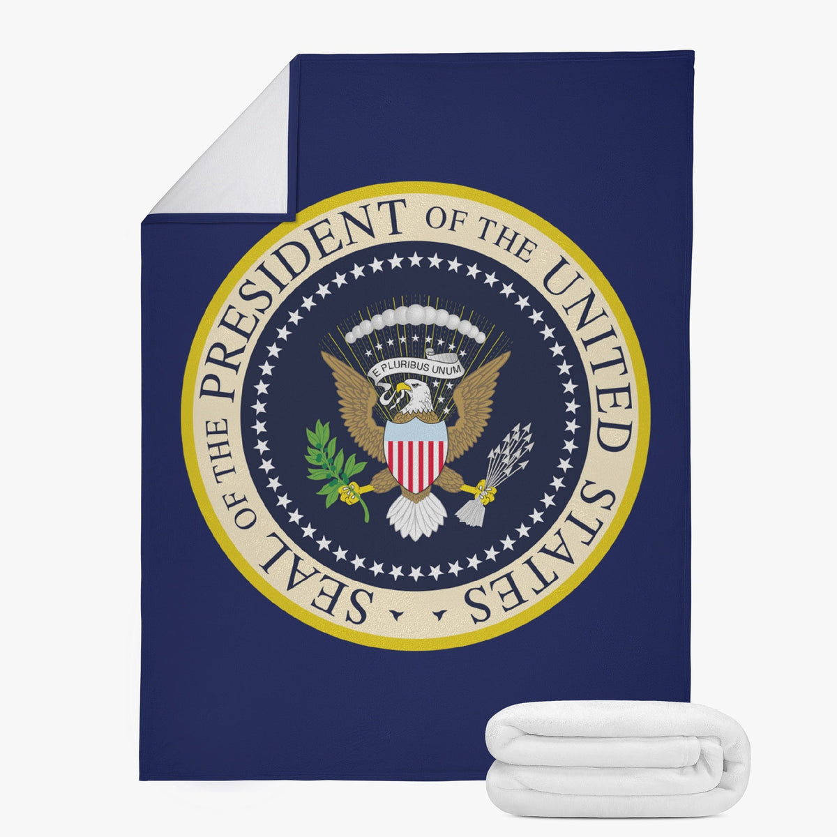 Navy Seal of the President blanket shown flat with folded white fleece back