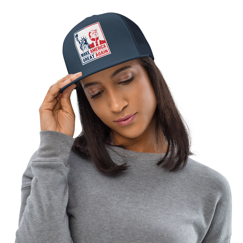 Woman wearing navy MAGA trucker cap with Make America Great Again Trump patch