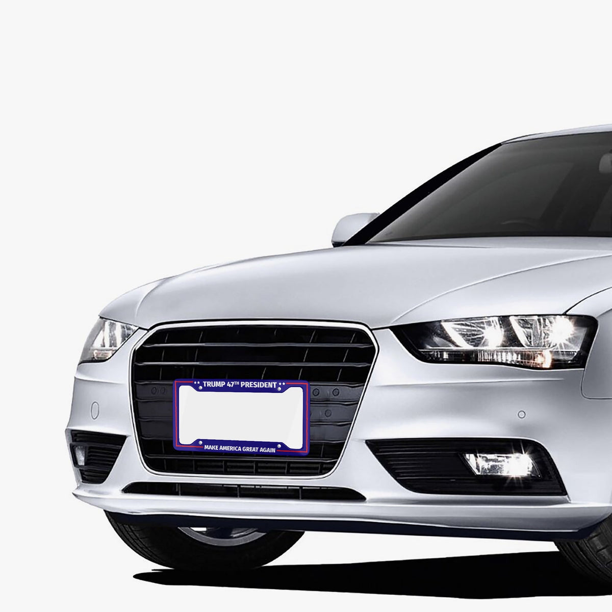 Trump 47th President blue license plate frame mounted on the front of a white car