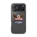 MAGA My Choice clear iPhone case with bald eagle design on a black iPhone Pro