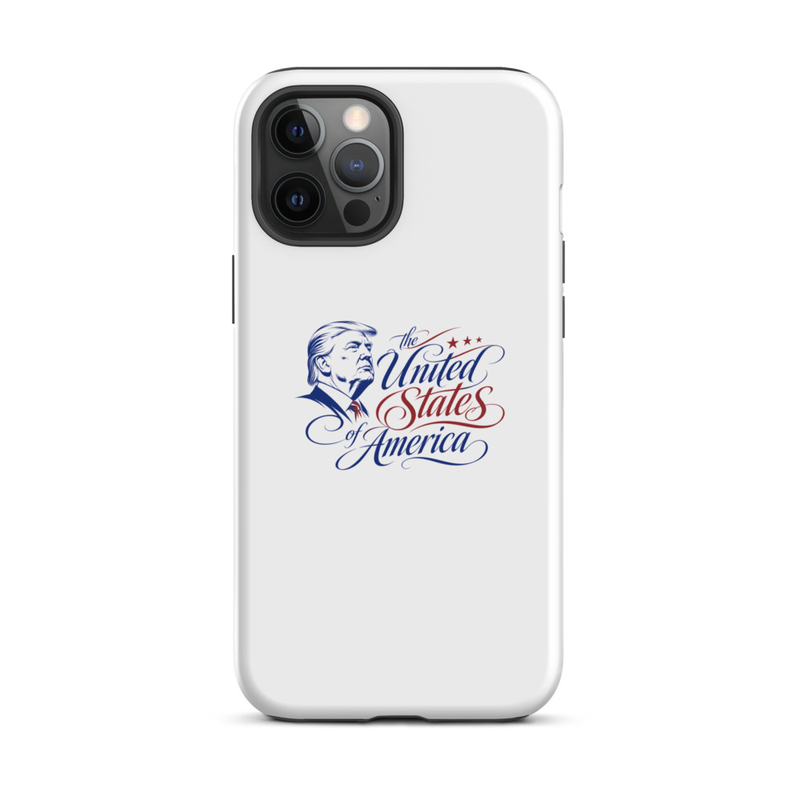 White tough iPhone case with Trump 'The United States of America' design, triple-camera cutout