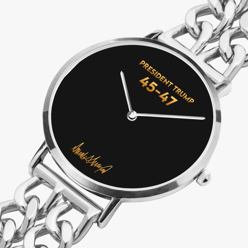 President Trump 45-47 watch with silver chain-link strap and black dial, angled view