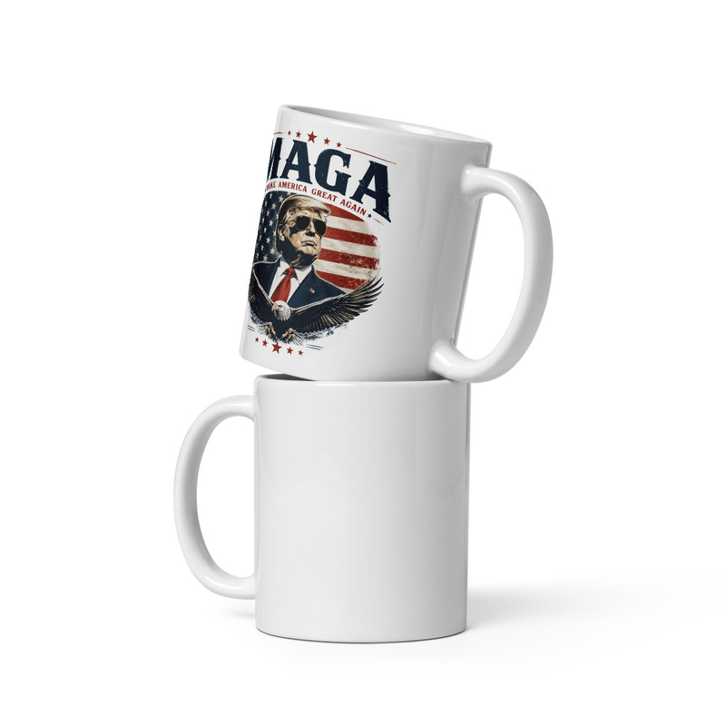 White glossy mug with MAGA Trump American flag and eagle design, stacked on a second mug