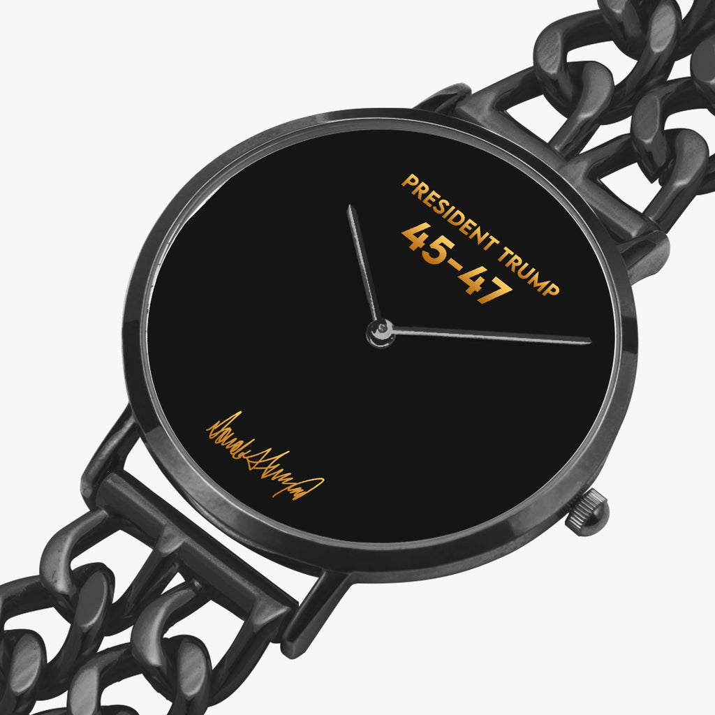 President Trump 45-47 quartz watch, black dial and black chain-link strap, angled view
