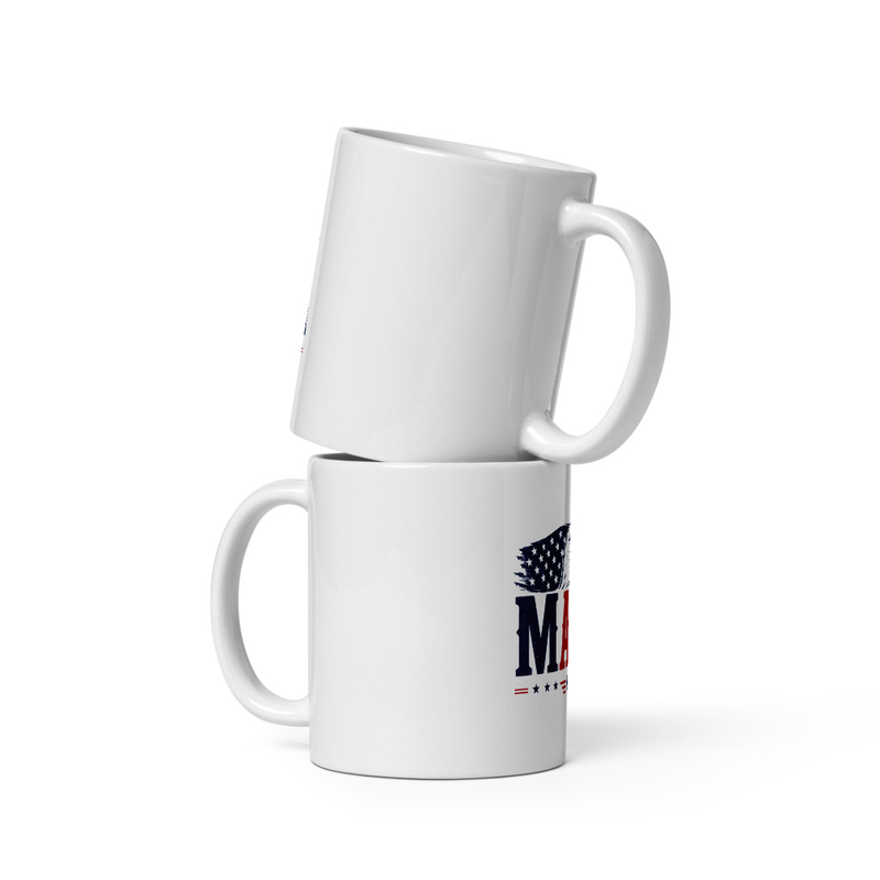 Two white glossy Eagle MAGA mugs stacked, showing MAGA flag print